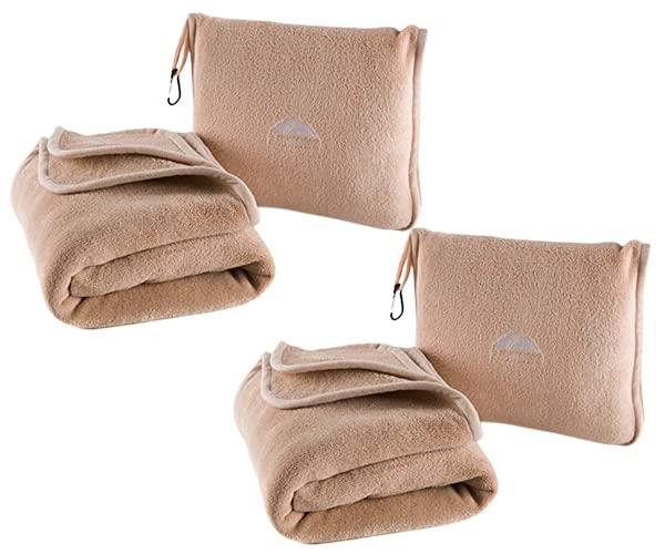 BlueHills 2-Pack Premium Soft Plush Travel Blanket Pillow Airplane Essentials for Two in Bag with Hand Luggage Strap and Backpack Clip Compact Flight Traveling Accessories Plane Blankets Beige T205