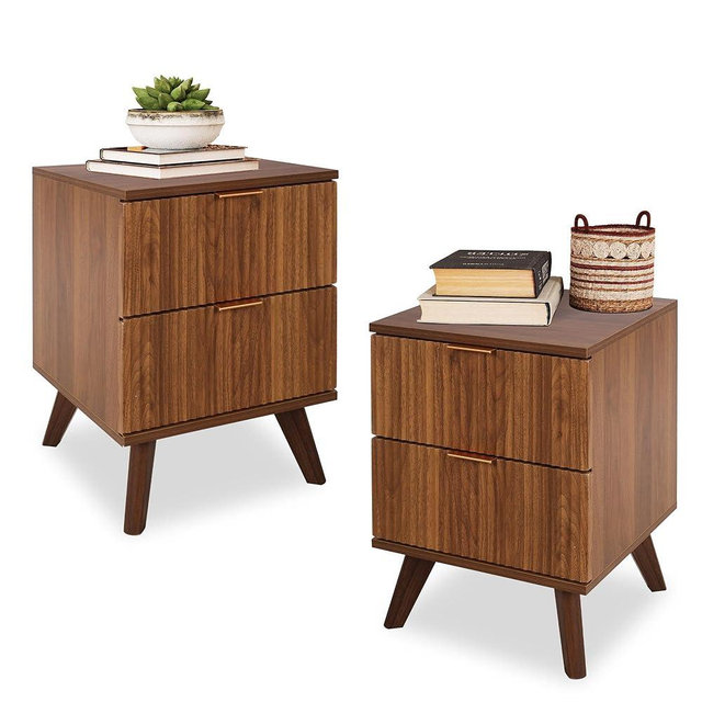 XUZENEST Fluted Nightstand Set of 2, Mid Century Modern 2 Drawer Dresser for Bedroom, Small Dresser Night Stand Side Table End Table with Wood Fluted Drawer Storage for Bedroom Closet(Walnut)