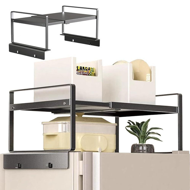 Adjustable Refrigerator/Washer Top Storage Rack - Expandable Organizer Shelf, L-Shaped Design, Anti-Slip, Space Saver for Kitchen, Laundry, Dorm (Fits Most Appliances)