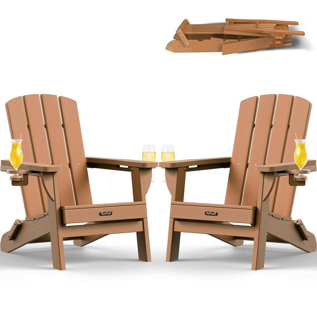 SUUNYN Folding Adirondack Chair 2 Pack, HDPE All-Weather Fire Pit Chairs, Plastic Adirondack Chairs with 2 Cup Holder, Outdoor Lawn Chair for Patio Garden (Teak)