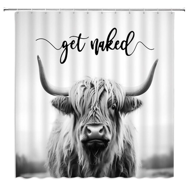 ZWSMZW Highland Cow Shower Curtain Grey Rustic Cattle Bull Western Wild Animal Get Naked Country Farmhouse Funny Cabin Bathroom Decor Fabric Curtains with Hooks
