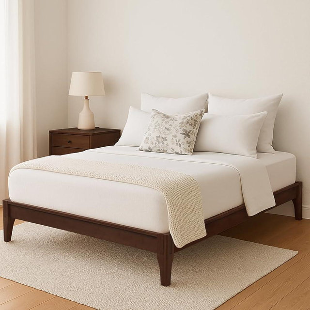 Merax Mid-Century Bamboo Platform Bed, Queen Size Bed Frame with Wood Slat Support, No Box Spring Needed, Easy Tool-Free Assembly, Chocolate