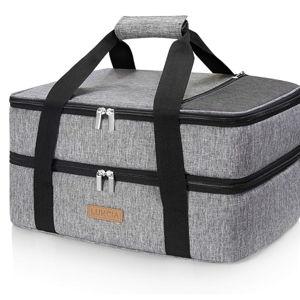 LUNCIA Insulated Double Decker Casserole Carrier, Lasagna Lugger Tote Keeps Food Hot or Cold, Thermal Lunch Bag for Potluck Parties, Picnic and Cookouts, Fits 9" x 13" Baking Dish, Grey