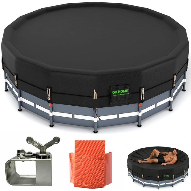 QH.HOME 550D 22ft Pool Cover Round[Upgraded Tear Resistant & Quadruple Windproof] wth Pre-Installed Patented Winch and Rope, Pool Covers for Above Ground Pools-Snug Fit & Waterproof Protection