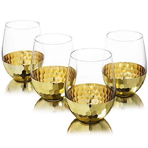 MyGift Modern Stemless Wine Glasses with Hammered Brass Metal Bottoms, Set of 4