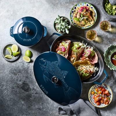 Staub Enameled Cast Iron Oval Gratin with Sea Bass Embossed Lid