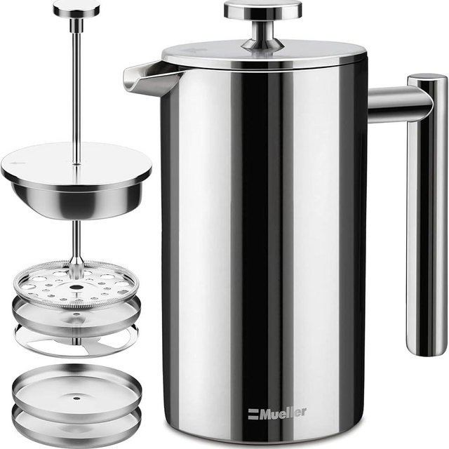 MuellerLiving French Press Coffee Maker, 20 oz, Stainless Steel, 4 Filters, Double Insulated, Rust-Free, Dishwasher Safe