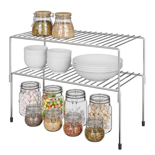 ESOW Kitchen Cabinet Shelf Organizer, Expandable & Stackable Counter Spice Racks, Multifunctional Storage Racks for Kitchen,Bathroom,Cupboard & Pantry, Stainless Steel 304 Brushed Nickel Finish(2 Pack)