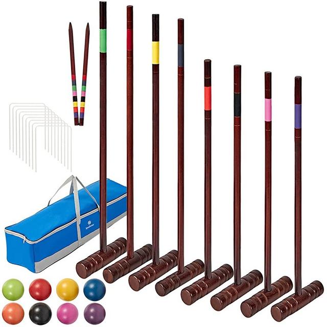 SpeedArmis 8 Players Deluxe Croquet Set with 35In Deluxe | 32In Regulation Size Rubber Wood Mallets, Colored PE Ball, Wickets, 24In End Stakes - Lawn Backyard Game Set for Teens/Adults/Family