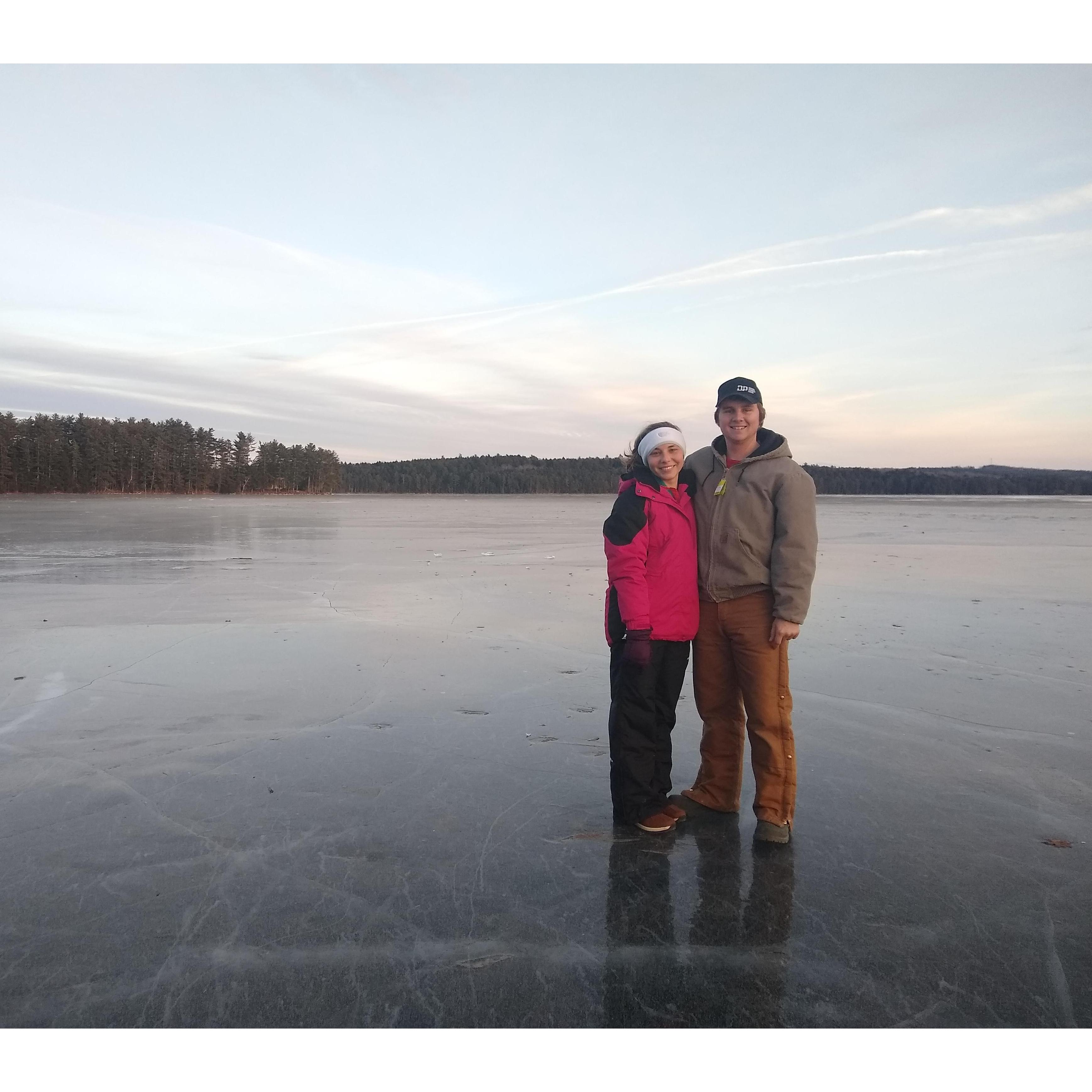 Walking across the frozen lake during our trip to Maine last Christmas