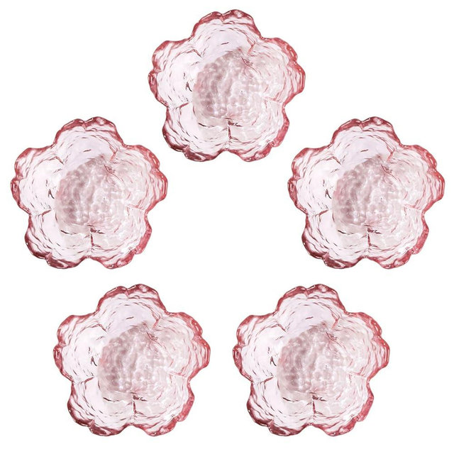 WHJY 5 pack Cute Sauce Dishes Glass Dish Set for Soy Sauce Snacks Tea Bag Mini Glass Bowls Clear Pink Cherry Blossom Soy Sauce Dishes