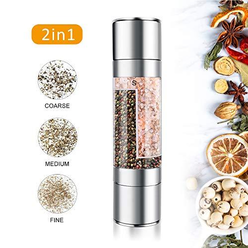 Mixoo Salt and Pepper Grinder - 2 in 1 Manual Stainless Steel Salt Pepper Mill Herb Spice Grinder Shakers Refillable with Adjustable Coarseness Ceramic Rotor and Dual Clear Acrylic Chamber
