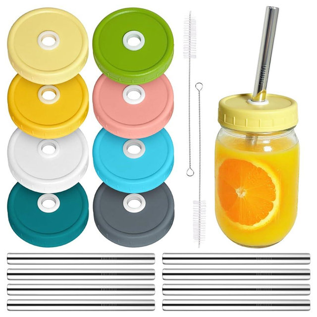 LonXFan 8 Pack Mason Jar Lids Reusable Regular Mouth Mason Jar Drinking Lids with Stainless Steel Straws & Brush For Regular Mouth Mason Ball Jar, Canning Jars – Dishwasher Safe