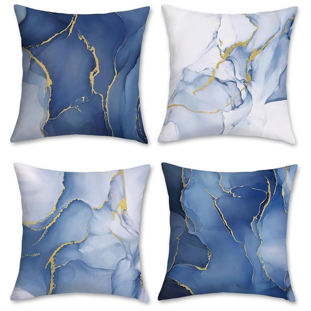 Bonhause Blue Marble Throw Pillow Covers 18 x 18 Inch Abstract Marble Blue and Gold Modern Decorative Pillows Soft Velvet Cushion Cases for Couch Sofa Bed Home Decor Set of 4