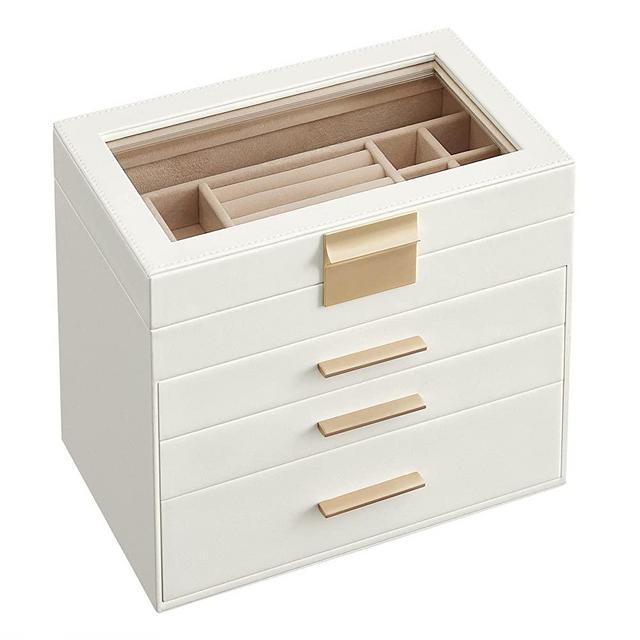 SONGMICS Jewelry Box with Glass Lid, 4-Layer Jewelry Organizer, 3 Drawers, for Sunglasses, Big Jewelry, Jewelry Storage, Modern Style, Cloud White UJBC161W01