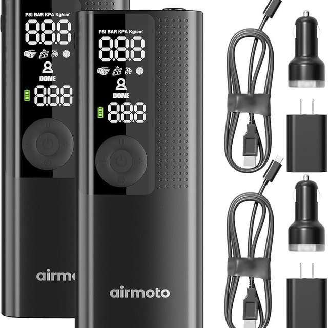 Airmoto Tire Inflator Portable Air Compressor - Air Pump for Car Tires with Digital Pressure Gauge, LED Light and Auto Shut-Off Function - Cordless Pump for Car, Motorcycle, Bicycle, Ball (Pack of 2)