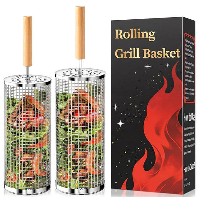 Rolling Grill Basket, Removable Wooden Handle, 304 Stainless Steel, Nesting BBQ Tools for Vegetable, Outdoor Smoker Camping Accessories, Father's Day Gifts Birthday Gift for Men Dad Husband