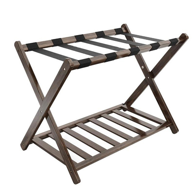 Luggage Rack for Guest Room, Folding Suitcase Stand with Storage Shelf, 5 Nylon Straps, Foldable for Easy Storage, Bamboo Stand Holder Storage Shelf for Bedroom, Living Room, Hotel Essentials,Brown