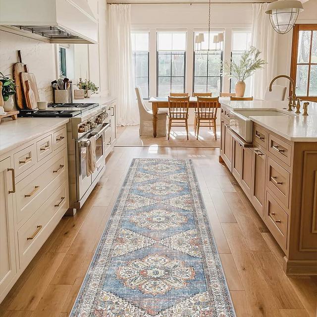 Washable Kitchen Runner Rug - 2x10 Persian Boho Hallway Rug Distressed Mats Non-Slip Soft Room Floor Carpet for Dining Room (Blue, 2 x 10)