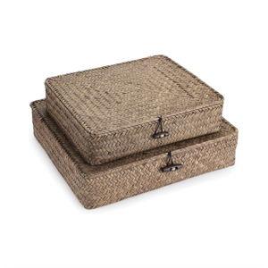 Hipiwe Set of 2 Flat Woven Wicker Storage Bins with Lid Natural Seagrass Basket Multipurpose Home Boxes for Shelf Organizer (Coffee)
