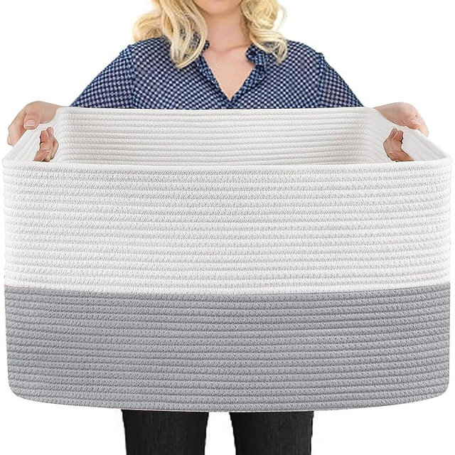 MEGASKET Extra Large Laundry Basket, Rectangle Woven Cotton Rope Storage Basket with Handles, Wicker Laundry Hamper, Farmhouse Storage Bin for Blankets Clothes Toys, Grey, 22" x 17" x 12"