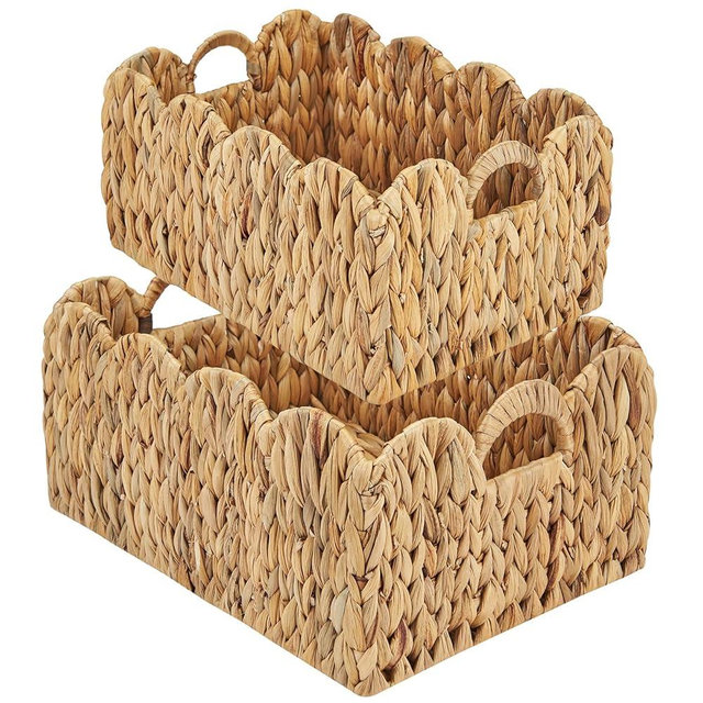 FairyHaus Wicker Basket 2Pack, Handwoven Scalloped Wicker Storage Basket with Handles, Natural Water Hyacinth Wicker Bakests for Storage, Large and Small Rectangle Basket, 15 x 11 x 7" & 13 x 9 x 6.5"
