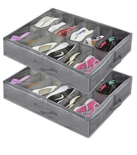 Onlyeasy Large Under Bed Shoe Organizer (12 Pairs x 2) - Underbed Shoes Closet Storage Solution with Metal Zipper and 2 Handles, Breathable, 29.3"x23.6"x5.9", Linen-Like Grey, MXDUBSB2P