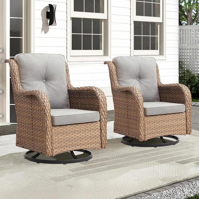 Outdoor Swivel Rocker Patio Chairs-Wicker Patio Swivel Chairs Set of 2 PE Rattan Patio Furniture for Porch Deck Balcony Garden-Yellow/Beige