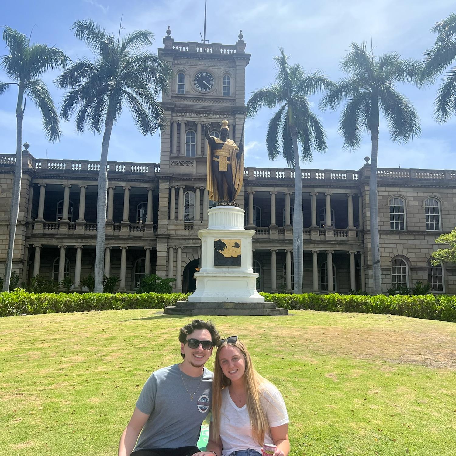 A photo of us at the King Kamehameha statue in Oahu! This building is home of our favorite TV show, Hawaii Five-0!