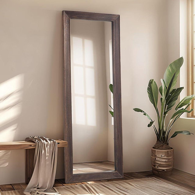 MELOMOIR Rustic Farmhouse Full Length Mirror, 64"x21" Wood Frame Floor Mirror, Free Standing Leaning Hanging, Long Mirror for Bedroom Living Room Cloakroom, Charcoal-Grilled Brown