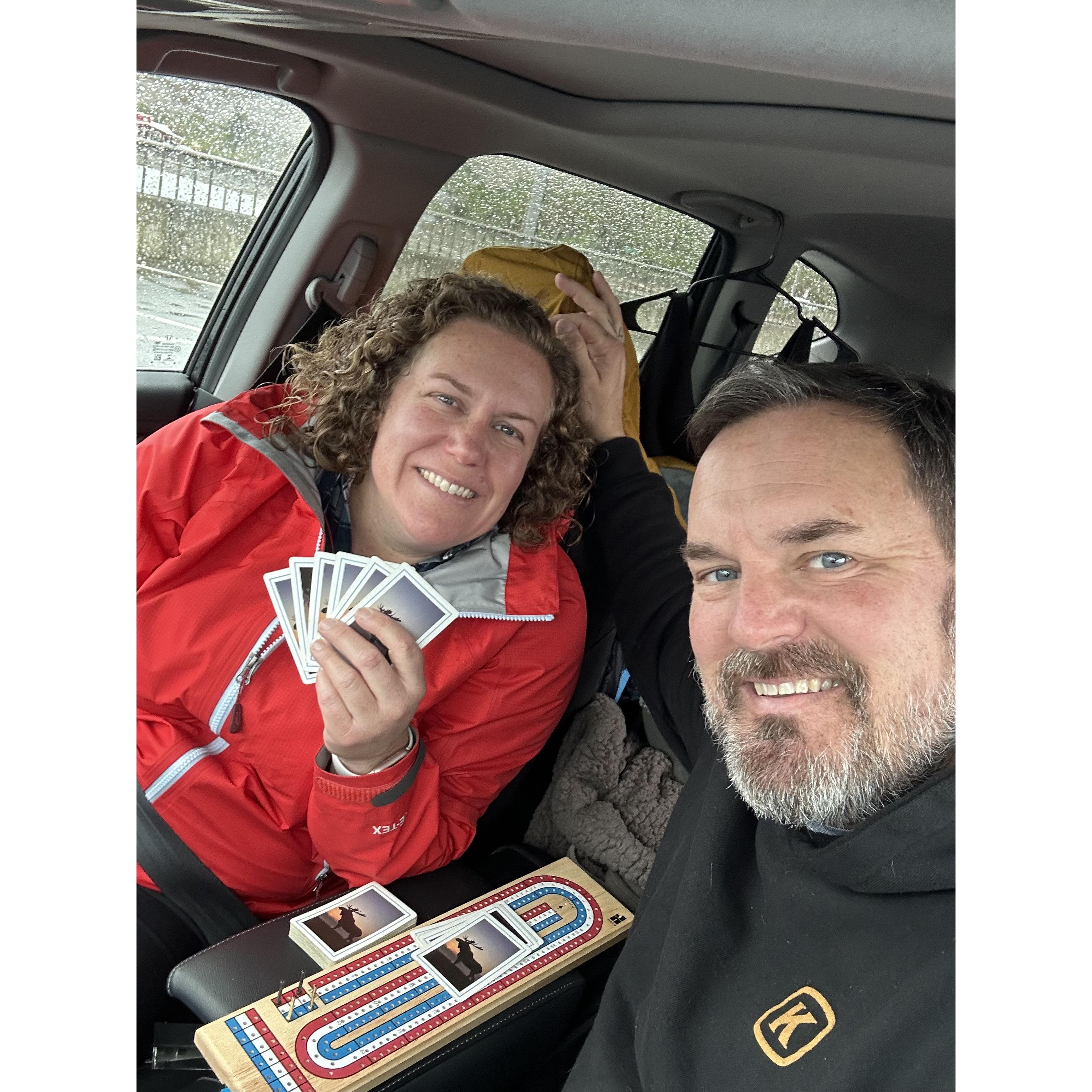 Playing cribbage waiting for the ferry