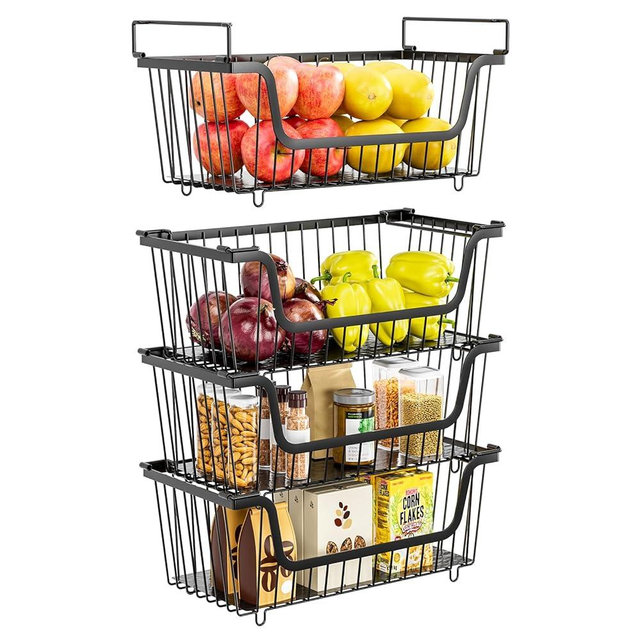 4 Pcs Stackable Wire Baskets for Pantry Organizers and Storage,Kitchen Storage Metal Baskets,Produce Potato Onion Storage Bin,Vegetable Fruit Basket for Countertop,Black