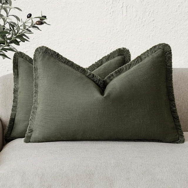 Foindtower Set of 2 Decorative Linen Fringe Lumbar Throw Pillow Covers Boho Farmhouse Cushion Cover with Tassels Accent Pillowcase for Couch Sofa Bed Living Room Home Decor,12×20 Inch,Dark Olive Green