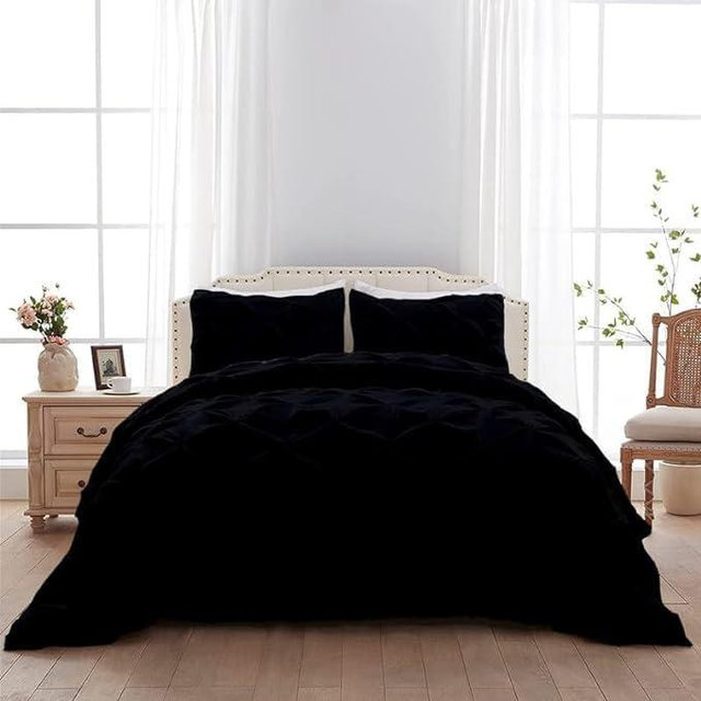 100% Cotton King (106'' x 90'') Size Black 3 Pc Pinch Pleated Duvet Cover Set with Zipper Closure & Corner Ties Bedding Set Comforter Cover 800 TC (1 Duvet Cover & 2 Pillowcases)