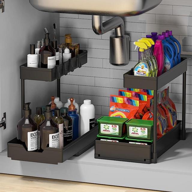 Dolift 2 Pack Under Sink Organizers and Storage, Sliding Cabinet Basket Organizer 2 Tier Pull Out Under Cabinet Storage with 8 Hooks Multi-Purpose Drawer Organizer for Bathroom Kitchen Storage, Black