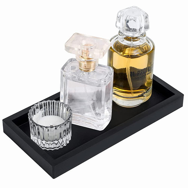 Small Silicone Vanity Tray Bathroom Sink Organizer Rectangle Soap Holder for Kitchen, Lotion Bottles, Candle, Key Trinket Ring, Perfume, Black