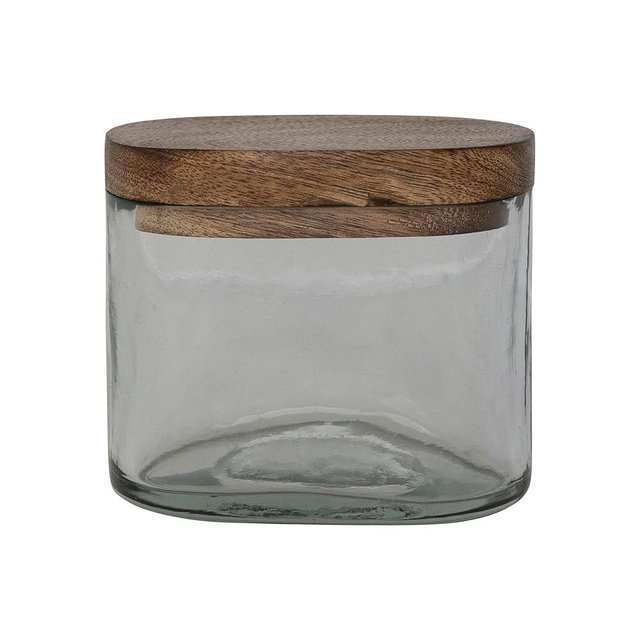 Creative Co-Op 1 Cup Hand-Blown Glass Jar with Natural Mango Wood Lid, Clear