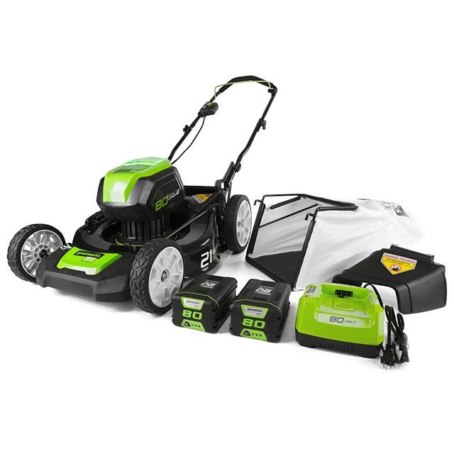 Greenworks GLM801601 21-Inch 80V Cordless Push Lawn Mower, includes two 2Ah Batteries and Charger