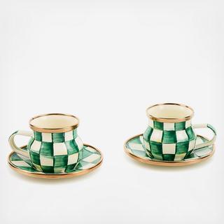 Emerald Check Stainless Steel Espresso Cup & Saucer Set