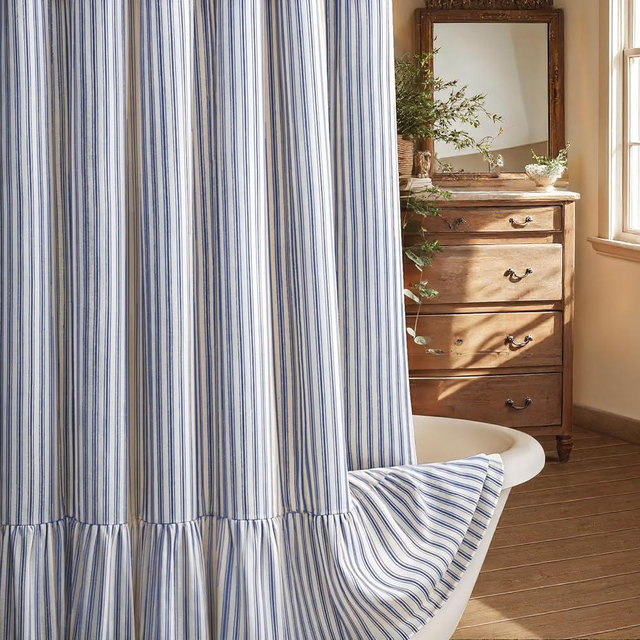 XOGUIBO Farmhouse Shower Curtain with Ruffle Hem Linen Shower Curtains for Bathroom Country Vintage Rustic Natural Fabric, Cream-Blue Stripe 72" W x 75" L