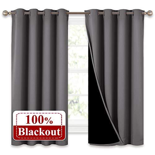 NICETOWN 100% Blackout Curtains with Black Liners, Thermal Insulated Full Blackout 2-Layer Lined Drapes, Energy Efficiency Window Draperies for Bedroom (Grey, 2 Panels, 52-inch W by 63-inch L)