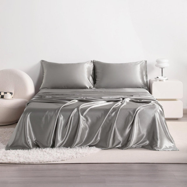 4 Pieces Satin Bed Sheet Set, Silky Cooling Soft Sheet Set, California King, Gray - NTBAY