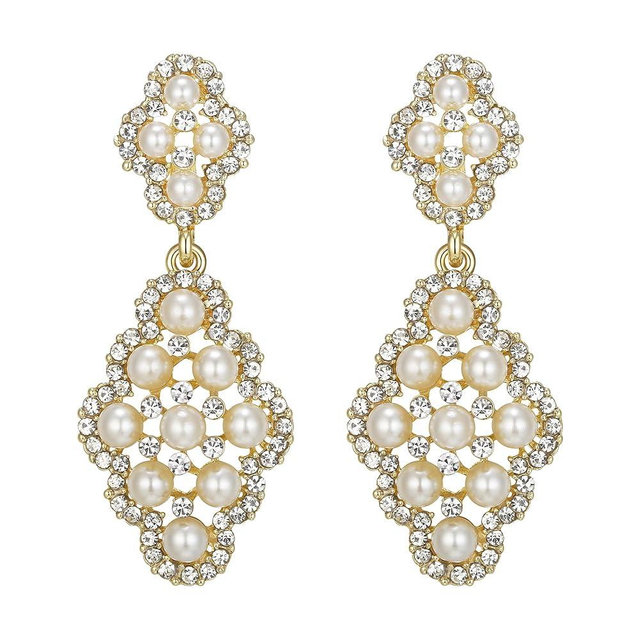 BriLove Wedding Bridal Simulated Pearl Earrings for Women Crystal Hollow Rhombus Chandelier Dangle Earrings for Party Prom Accessories