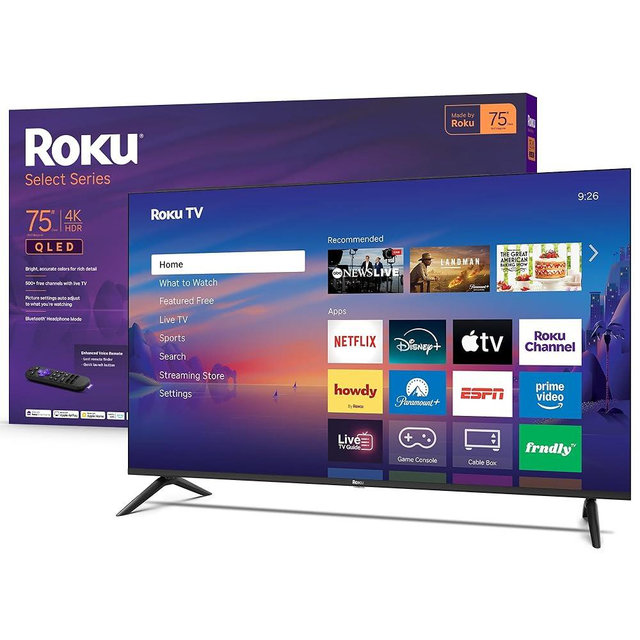 Roku Smart TV 2026 – 75-Inch Select Series, 4K QLED TV – Roku TV with Voice Remote – Flat Screen QLED Television with Wi-Fi for Streaming Live Local News, Sports, & Movies – Bluetooth Headphone Mode