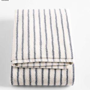 Cotton Bath Towel - Pampas Ivory and Evening Blue Stripe | Crate & Barrel