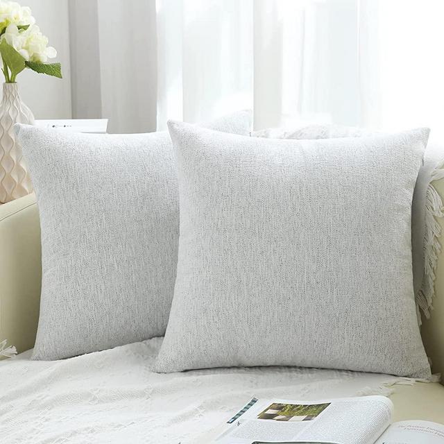 decorUhome Grey White Throw Pillow Covers 18x18 Inch Set of 2 Rustic Farmhouse Chenille Decorative Pillow Cases for Couch Sofa