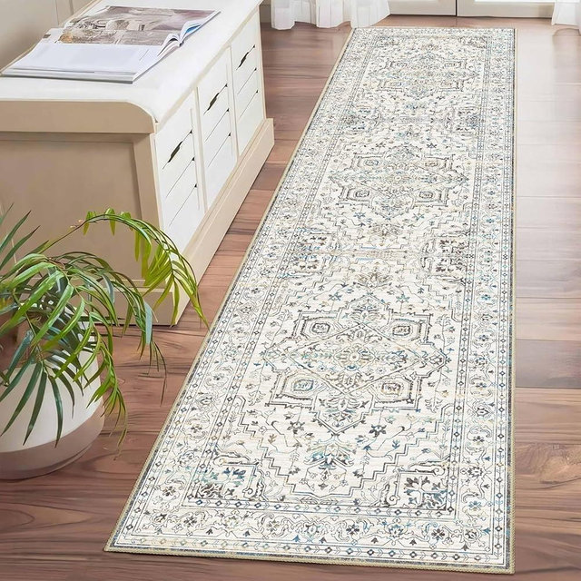 Enkor Runner Rugs for Hallway, 2x8 Washable Soft Non Slip Floor Rugs for Kitchen, Modern Mat for Living Room Bedroom Entryway White & Grey