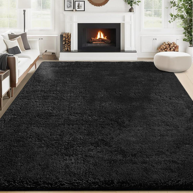 8x10 Area Rug for Living Room: Fluffy Shag Soft Washable Rugs Large Fuzzy Plush Indoor Carpet for Bedroom Nursery Playroom Kids Girls Boys Room (Black, 8'x10')