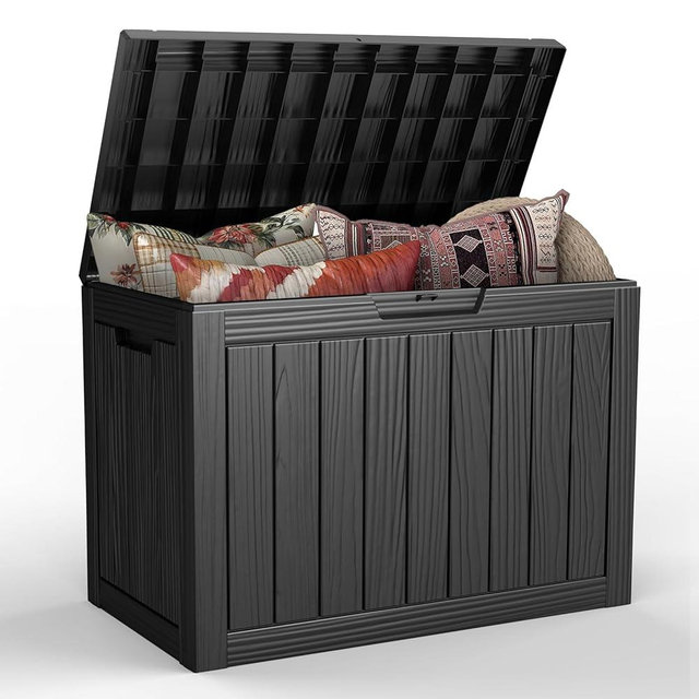 Treillage Tale Outdoor Storage Deck Box, 45 Gallon Outside Storage Box Waterproof Deck Box, Lockable Patio Storage Box UV-Resistant for Garden Furniture, Black