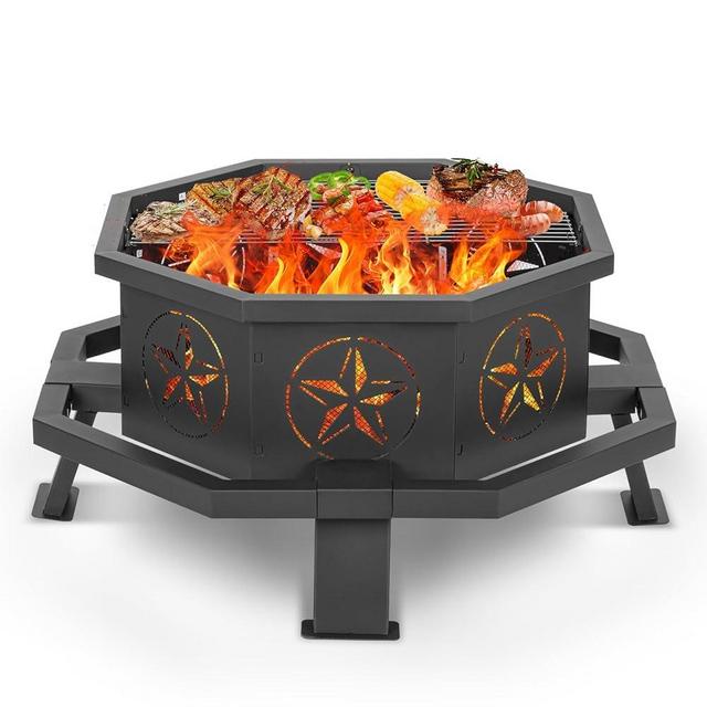 35 inch Octagonal Fire Pit with Cooking Grill, Outdoor Fire Pit, Wood Burning Fire Pits, Heavy Duty Firepit with Poker for Outside, Bonfire, Backyard, Patio, Picnic, Camping